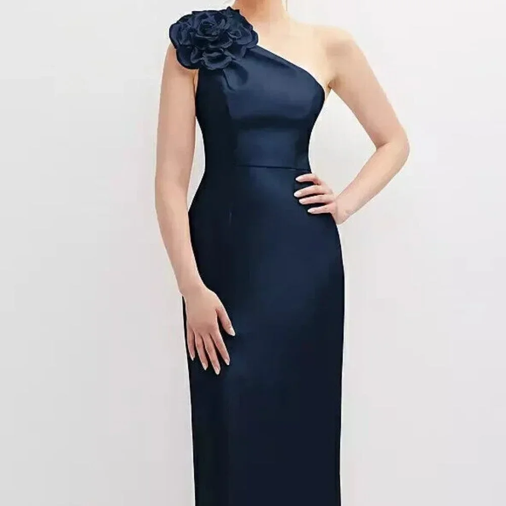 Alfred Sung Midnight Blue Flower One-Shoulder Column Gown D850 - Picture 1 of 6